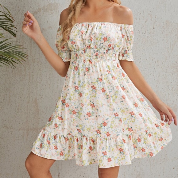 BellanBlue Dresses & Skirts - MATERNITY Pink Floral Off Shoulder Ruffle Dress